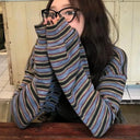 Korean Vintage Striped Long Sleeve T-shirt Women Autumn Casual Round Neck Loose Sweatshirt Fashion Chic Versatile Top Streetwear