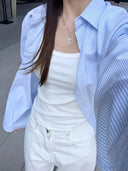 Striped Casual Long Sleeve Shirt Women's Spring Autumn Polo Collar Outerwear Single Breasted Elegant Blouse Sun Protection Top