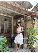 【FANGTING】Women's Summer V-Neck Slip Dress New Off-Shoulder Lace Splice Irregular Hem Dress