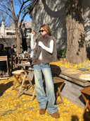 【FANGTING】Women Vintage Blue Low Waist Wide Leg Jeans Cat Whisker Washed Casual Slim Pants
