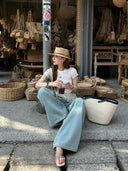 【FANGTING】Women Summer Light Blue Jeans Vintage Washed Wide Leg Casual Long Pants For Tall Ladies
