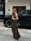 【FANGTING】Women Summer Halter Dress Backless Draped Neck Sleeveless Knitted Slip Long Dress