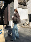 【FANGTING】Women Vintage Blue Low Waist Wide Leg Jeans Cat Whisker Washed Casual Slim Pants