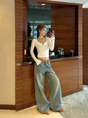 【FANGTING】 Women Vintage Washed Jeans British Plaid Waist Patchwork Unique Design Relaxed Fit Long Trousers