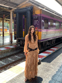 【MAR】French Inspired Women Summer Outfit V Neck Chiffon Blouse Ruffle Skirt Graceful 2 Piece Set