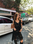 【MAR】Women Vintage V-Neck Ruffle Dress Summer Slim Petite Vacation Mini Dress