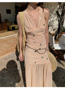 【MAR】French Romantic Vacation Women 2 Piece Set Handmade Sequin Sleeveless Top Midi Skirt