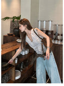 【FANGTING】Women Summer Light Blue Jeans Vintage Washed Wide Leg Casual Long Pants For Tall Ladies