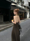 【FANGTING】Women Summer Halter Dress Backless Draped Neck Sleeveless Knitted Slip Long Dress
