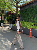 【FANGTING】 Women Leopard Print Wide Leg Jeans Summer All Match Loose Casual Pants Retro Slim Fit Denim Trousers