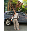 【FANGTING】 Women Leopard Print Wide Leg Jeans Summer All Match Loose Casual Pants Retro Slim Fit Denim Trousers