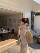 【MAR】French Romantic Vacation Women 2 Piece Set Handmade Sequin Sleeveless Top Midi Skirt