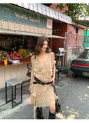 【MAR】Women Vintage V-Neck Ruffle Dress Summer Slim Petite Vacation Mini Dress
