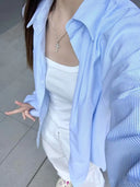 Striped Casual Long Sleeve Shirt Women's Spring Autumn Polo Collar Outerwear Single Breasted Elegant Blouse Sun Protection Top