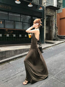 【FANGTING】Women Summer Halter Dress Backless Draped Neck Sleeveless Knitted Slip Long Dress