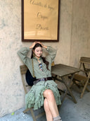 【MAR】Women Spring Summer Vintage Lace Collar 2 Piece Set Slim Waist Sun Protection Outfit