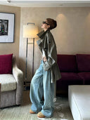 【FANGTING】 Women Vintage Washed Jeans British Plaid Waist Patchwork Unique Design Relaxed Fit Long Trousers