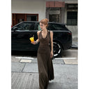 【FANGTING】Women Summer Halter Dress Backless Draped Neck Sleeveless Knitted Slip Long Dress