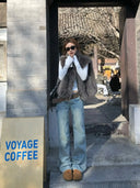【FANGTING】Women Vintage Blue Low Waist Wide Leg Jeans Cat Whisker Washed Casual Slim Pants