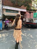 【MAR】Women Vintage V-Neck Ruffle Dress Summer Slim Petite Vacation Mini Dress