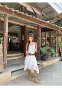 【FANGTING】Women's Summer V-Neck Slip Dress New Off-Shoulder Lace Splice Irregular Hem Dress