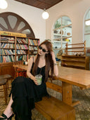 【FANGTING】Women's Summer V-Neck Slip Dress New Off-Shoulder Lace Splice Irregular Hem Dress