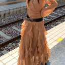 【MAR】French Inspired Women Summer Outfit V Neck Chiffon Blouse Ruffle Skirt Graceful 2 Piece Set