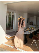 【MAR】French Romantic Vacation Women 2 Piece Set Handmade Sequin Sleeveless Top Midi Skirt