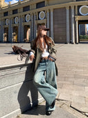 【FANGTING】 Women Vintage Washed Jeans British Plaid Waist Patchwork Unique Design Relaxed Fit Long Trousers