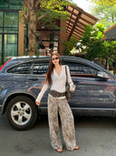 【FANGTING】 Women Leopard Print Wide Leg Jeans Summer All Match Loose Casual Pants Retro Slim Fit Denim Trousers