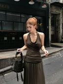 【FANGTING】Women Summer Halter Dress Backless Draped Neck Sleeveless Knitted Slip Long Dress