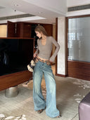 【FANGTING】 Women Vintage Washed Jeans British Plaid Waist Patchwork Unique Design Relaxed Fit Long Trousers