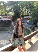 【MAR】Women Spring Summer Vintage Lace Collar 2 Piece Set Slim Waist Sun Protection Outfit