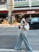 【FANGTING】Women Summer Light Blue Jeans Vintage Washed Wide Leg Casual Long Pants For Tall Ladies