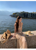 【MAR】French Romantic Vacation Women 2 Piece Set Handmade Sequin Sleeveless Top Midi Skirt