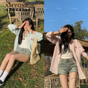 Women College Style Top Female Vintage Elegant Plaid Polo Collar Shirt Long Sleeve Casual Streetwear Ladies Fashion Blouse