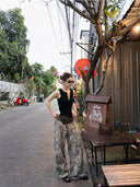 【FANGTING】 Women Leopard Print Wide Leg Jeans Summer All Match Loose Casual Pants Retro Slim Fit Denim Trousers