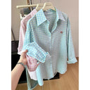 Women College Style Top Female Vintage Elegant Plaid Polo Collar Shirt Long Sleeve Casual Streetwear Ladies Fashion Blouse