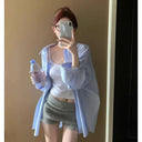 Striped Casual Long Sleeve Shirt Women's Spring Autumn Polo Collar Outerwear Single Breasted Elegant Blouse Sun Protection Top