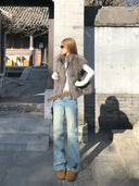 【FANGTING】Women Vintage Blue Low Waist Wide Leg Jeans Cat Whisker Washed Casual Slim Pants