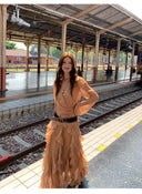【MAR】French Inspired Women Summer Outfit V Neck Chiffon Blouse Ruffle Skirt Graceful 2 Piece Set