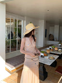 【MAR】French Romantic Vacation Women 2 Piece Set Handmade Sequin Sleeveless Top Midi Skirt