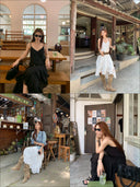 【FANGTING】Women's Summer V-Neck Slip Dress New Off-Shoulder Lace Splice Irregular Hem Dress
