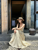 【FANGTING】Women Vacation Style Slip Dress Slim Waist Flared Long Dress Tube Top Dress