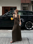 【FANGTING】Women Summer Halter Dress Backless Draped Neck Sleeveless Knitted Slip Long Dress