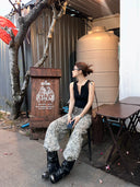 【FANGTING】 Women Leopard Print Wide Leg Jeans Summer All Match Loose Casual Pants Retro Slim Fit Denim Trousers